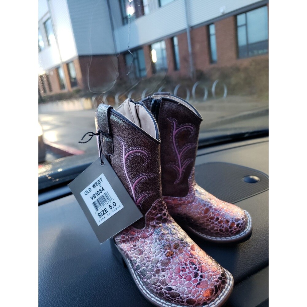 Old West Girls Antique Size 5 Pink-Crackle Faux Leather Cowboy Boots NEW
